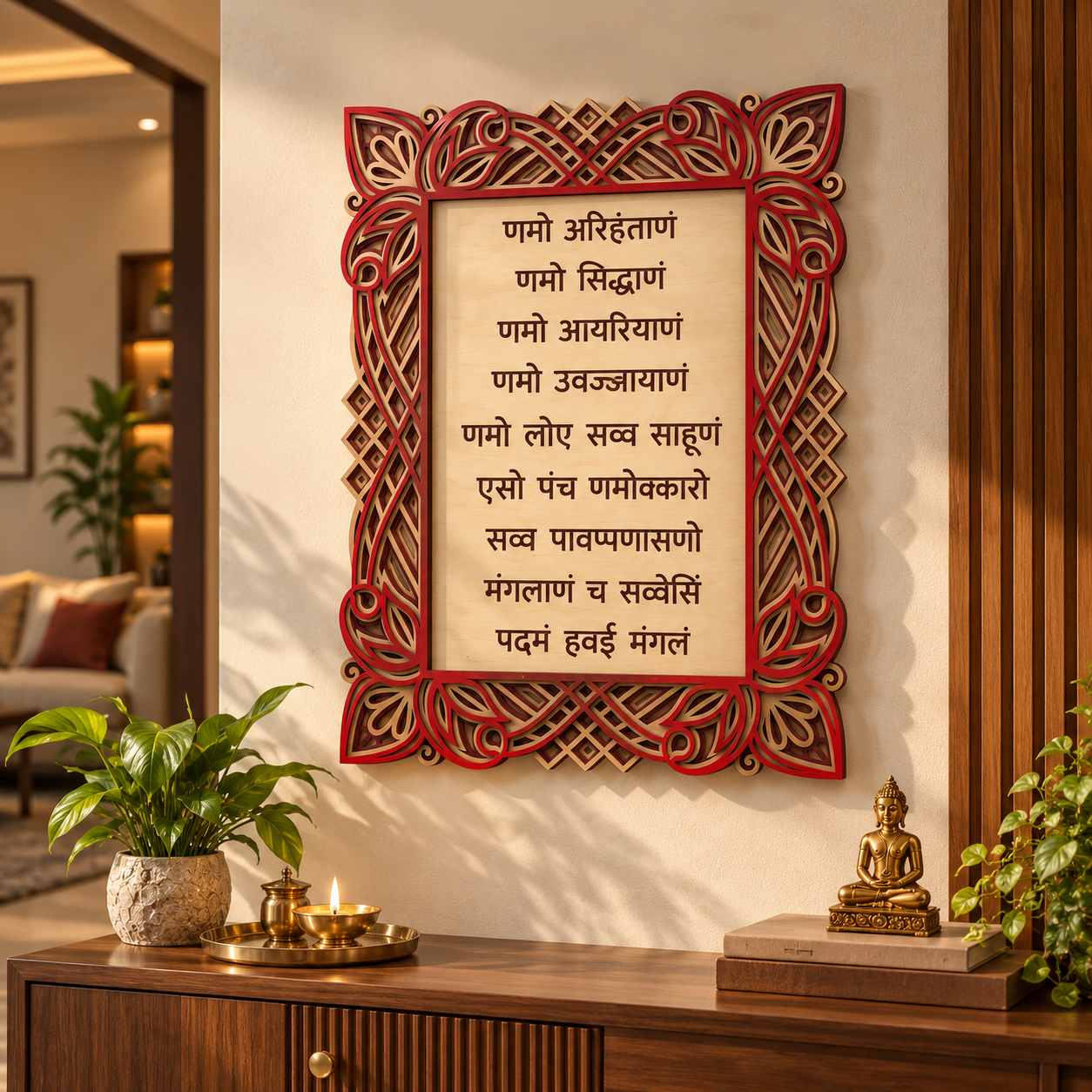Navkar Mantra Wall Decor – Multilayer Wooden Jain Wall Art | Religious Home Decor (14X18in)